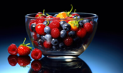  a glass bowl filled with lots of berries and berries on top of a table.  generative ai