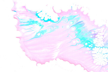 Paint drops and splashes on white paper. Multicolored explosion, pink blue ink blots abstract background, fluid art