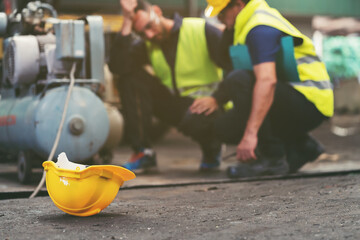 Male engineer worker get accident at work in industry factory. Health safe of work and safety first...
