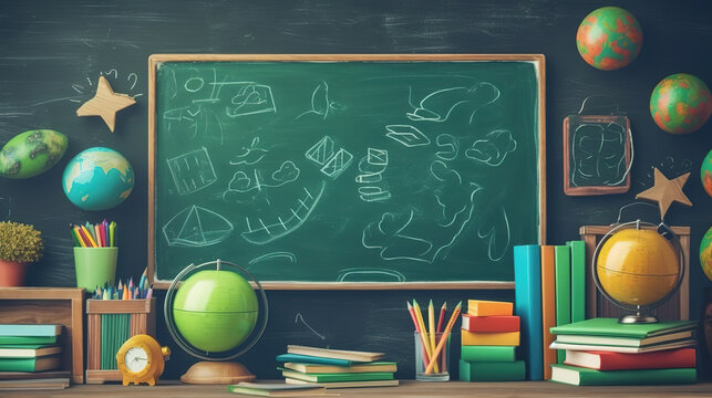 Green school teacher’s chalkboard background with doodle and blank copyspace. Generative Ai
