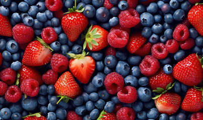  a bunch of berries and strawberries are arranged in a pattern.  generative ai