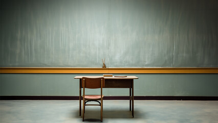 An empty school room with a table, chair and blackboard , back to school