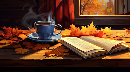 Autumn, an open book, cup of tea, coffee, cocoa, yellow red leaves. Generative Ai