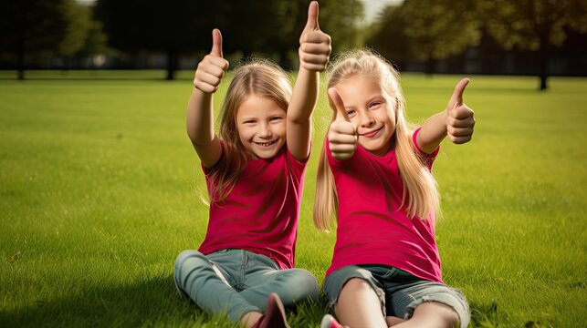 kids giving thumbs up on green lawn