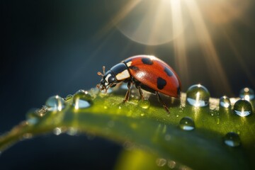 Fototapeta premium ladybug on a blade of grass, Morning Serenity: Close-Up of a Ladybug Among Dewdrops on a Leaf, Bathed in Morning Sun and a Sunny Blue Sky Background