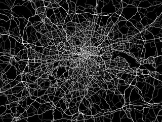 Vector road map of the city of  London Metro in the United Kingdom on a black background.