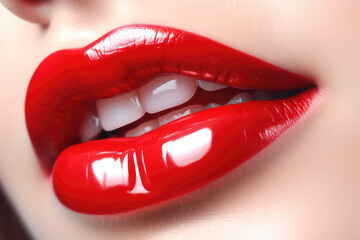 Close-up of a woman's beautiful lips, wearing bright red glossy lipstick or lip gloss. Cropped image of a woman's face, red lipstick. Generative AI 3d render illustration imitation.