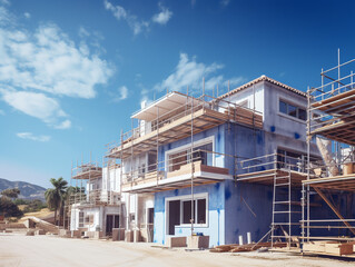 Construction of a new house on the background of the blue sky. Using wood frame and scaffolding as temporary support.
