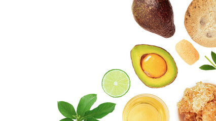Hair treatment cream with avocado , lemon and white egg on transparent background.