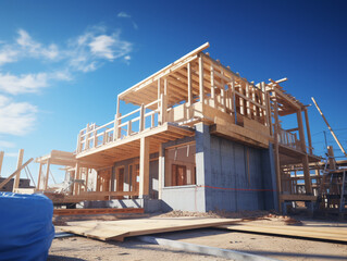 Construction of a new house on the background of the blue sky. Using wood frame and scaffolding as temporary support.
