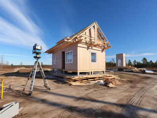 Construction of a new house on the background of the blue sky. Using wood frame and scaffolding as temporary support.
