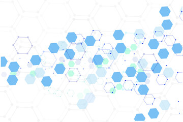 Vector Structure Molecule Graphic. Science Digital Communication.  Pattern Hexagonal Structure for Dna, Atom, Neurons. Abstract Chemistry Combination for Cover, Banner, Poster, Web, Flyers, Postcards.