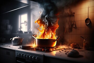 A fire in the kitchen. The stove and boiler are on fire. A huge open flame. Great for safety, fire protection, training concept. Generative AI