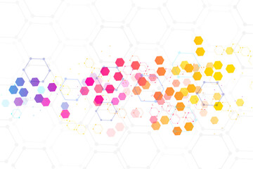 Vector Structure Molecule Graphic. Science Digital Communication.  Pattern Hexagonal Structure for Dna, Atom, Neurons. Abstract Chemistry Combination for Cover, Banner, Poster, Web, Flyers, Postcards.