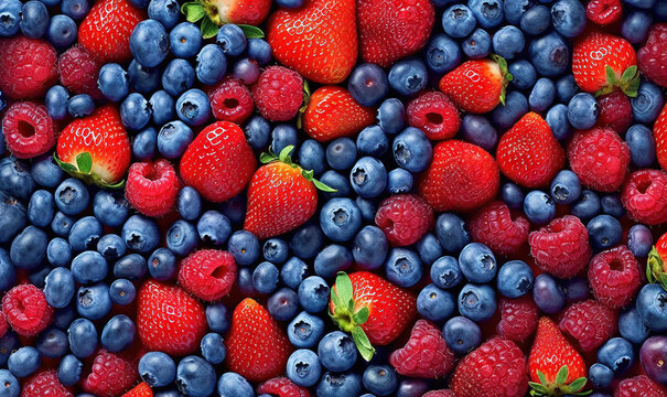  a bunch of berries and strawberries are arranged together in a pattern.  generative ai