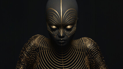 Hübsche Frau Gesicht mit Airbrush in schwarz und Gold Taping Stripes künstlerisch geschmückt, Poster Nahaufnahme, ai generativ