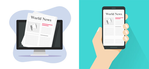 Magazine article news in newspaper online virtual digital electronic vector set, press newsletter read on computer pc and mobile cell phone app graphic, smartphone publication image