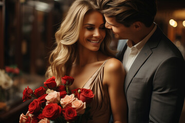 Romantic couple with bouquet. Generative Ai. 