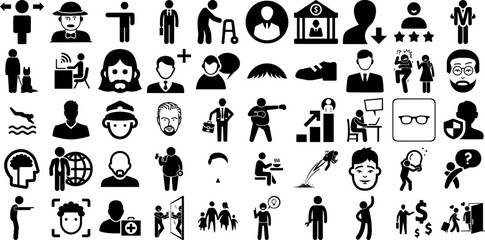 Mega Collection Of Man Icons Bundle Hand-Drawn Solid Cartoon Clip Art Silhouette, Workwear, Profile, Carrying Signs Isolated On White Background