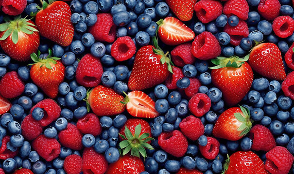  a bunch of strawberries and blueberries are arranged together.  generative ai