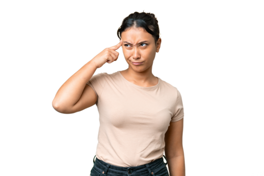 Young Uruguayan woman over isolated chroma key background making the gesture of madness putting finger on the head