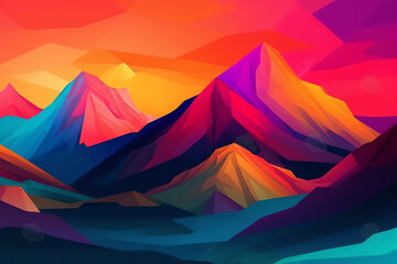 Fototapeta na wymiar Abstract vivid colours landscape of mountains and sunset. Colorful vivid colors, AI Generated.