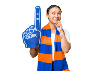 sports fan woman over isolated chroma key background thinking an idea while looking up