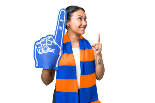 sports fan woman over isolated chroma key background pointing up a great idea