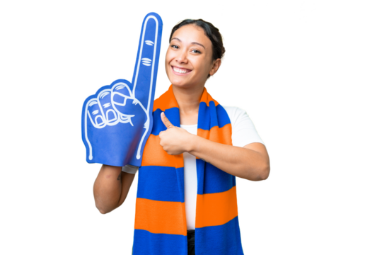 sports fan woman over isolated chroma key background giving a thumbs up gesture