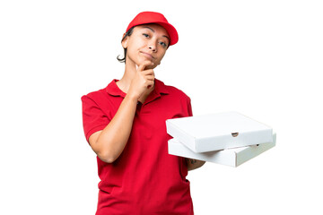 pizza delivery woman with work uniform picking up pizza boxes over isolated chroma key background thinking