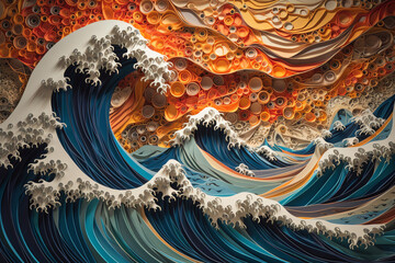 Fototapeta premium Paper cut art featuring waves in the ocean, in the style of Dark orange and dark blue, colorful street murals, stormy seascapes, AI Generated