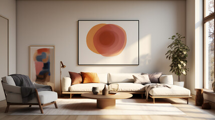 Stylish Living Room Interior with an Abstract Frame Poster, Modern interior design, 3D render, 3D illustration