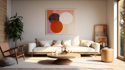 Stylish Living Room Interior with an Abstract Frame Poster, Modern interior design, 3D render, 3D illustration