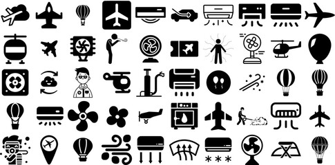 Big Set Of Air Icons Pack Hand-Drawn Solid Modern Web Icon Show, Gun, Glue, Set Doodle Isolated On Transparent Background