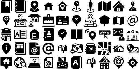 Big Set Of Address Icons Set Hand-Drawn Black Modern Symbol Correspondence, Glyphs, Circle, Icon Buttons Isolated On Transparent Background