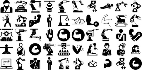 Huge Set Of Arm Icons Bundle Hand-Drawn Solid Design Clip Art Bicep, Manufacturing, Assembly, Arm Doodle For Apps And Websites