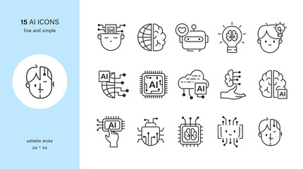 Naklejka premium AI and Machine Learning Vector Icons Set. Artificial Intelligence, Neural Networks, Robots, Virtual Assistants, Innovation, Computer Chip, Machine Brains, Cybernetic Implants, Digital Collection.