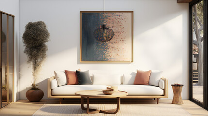 Stylish Living Room Interior with an Abstract Frame Poster, Modern interior design, 3D render, 3D illustration