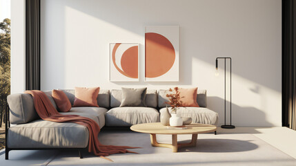 Stylish Living Room Interior with an Abstract Frame Poster, Modern interior design, 3D render, 3D illustration