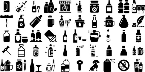 Big Set Of Bottle Icons Set Hand-Drawn Solid Simple Symbol Set, Optical, Milk, Pill Silhouette Isolated On Transparent Background