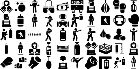 Massive Set Of Boxing Icons Collection Isolated Modern Signs Silhouette, Icon, Equipment, Glove Element Isolated On White