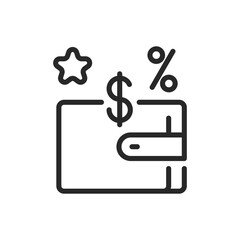 Discounts Best Offers Icon. Vector Linear Editable Illustration of a Wallet with Flying Discount Symbols and Dollars, Representing Money Saving, Best Deals, and Promotional Offers.