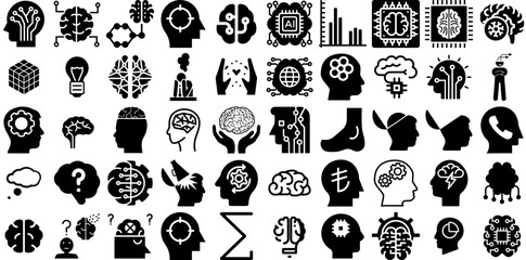 Huge Collection Of Brain Icons Set Hand-Drawn Black Drawing Silhouettes Problem, Profile, Icon, Ribbon Illustration For Apps And Websites