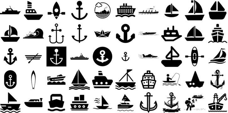 Huge Set Of Boat Icons Set Solid Simple Symbol Wrapping, Yacht, Silhouette, Icon Doodle Isolated On Transparent Background
