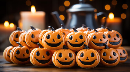 Halloween-themed cookies in the shape of pumpkin. Gingerbread decorated with icing in smiling pumpkin faces. Generative Ai.