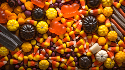 Assortment of Halloween candies arranged in a colorful display with a candy corn. Top view. Generative Ai.