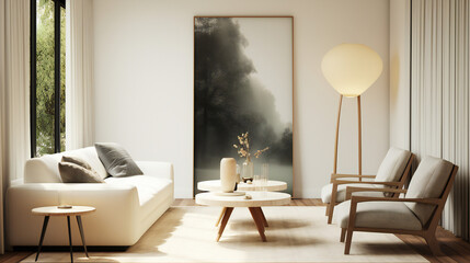 Stylish Living Room Interior with an Abstract Frame Poster, Modern interior design, 3D render, 3D illustration