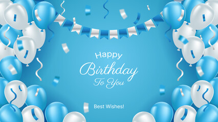 realistic birthday background vector design in blue and white color with balloons and confetti