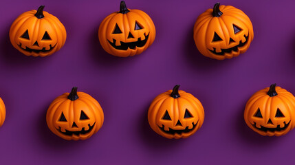 Halloween seamless pattern. Pumpkins on purple background. Generative Ai.