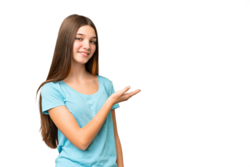Teenager girl over isolated chroma key background presenting an idea while looking smiling towards